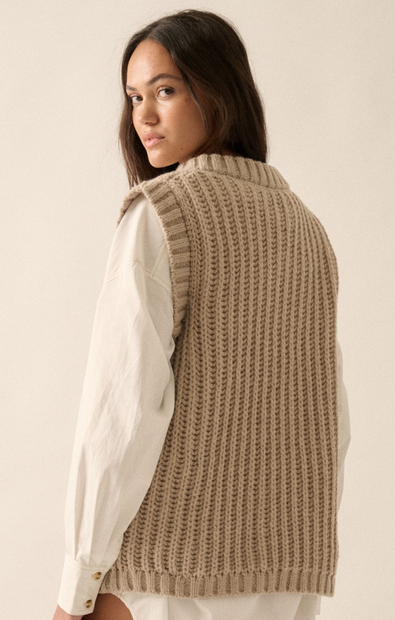 Jamie Cable Vest, light mocha, sleeveless, v-neck, cable knit, sweater vest