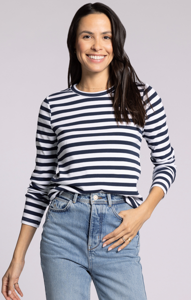 Shop At Grace, Thread & Supply, Jess Top, white navy, round neck, long sleeves, striped detail