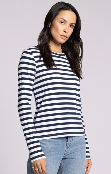 Shop At Grace, Thread & Supply, Jess Top, white navy, round neck, long sleeves, striped detail