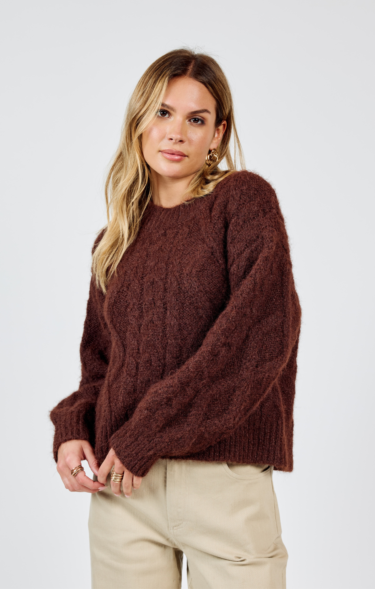 Shop At Grace, Join Hands Knit Sweater, brown, cable knit, full length, oversized fit, long sleeves