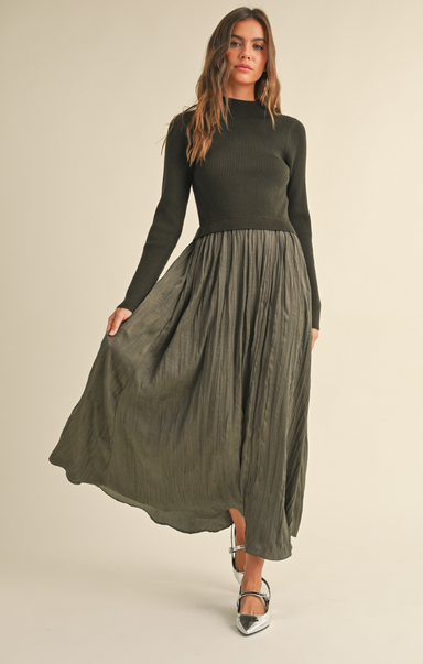 Shop At Grace, Kensley Sweater Dress, olive, sweater top, silky skirt, pleated skirt, maxi dress