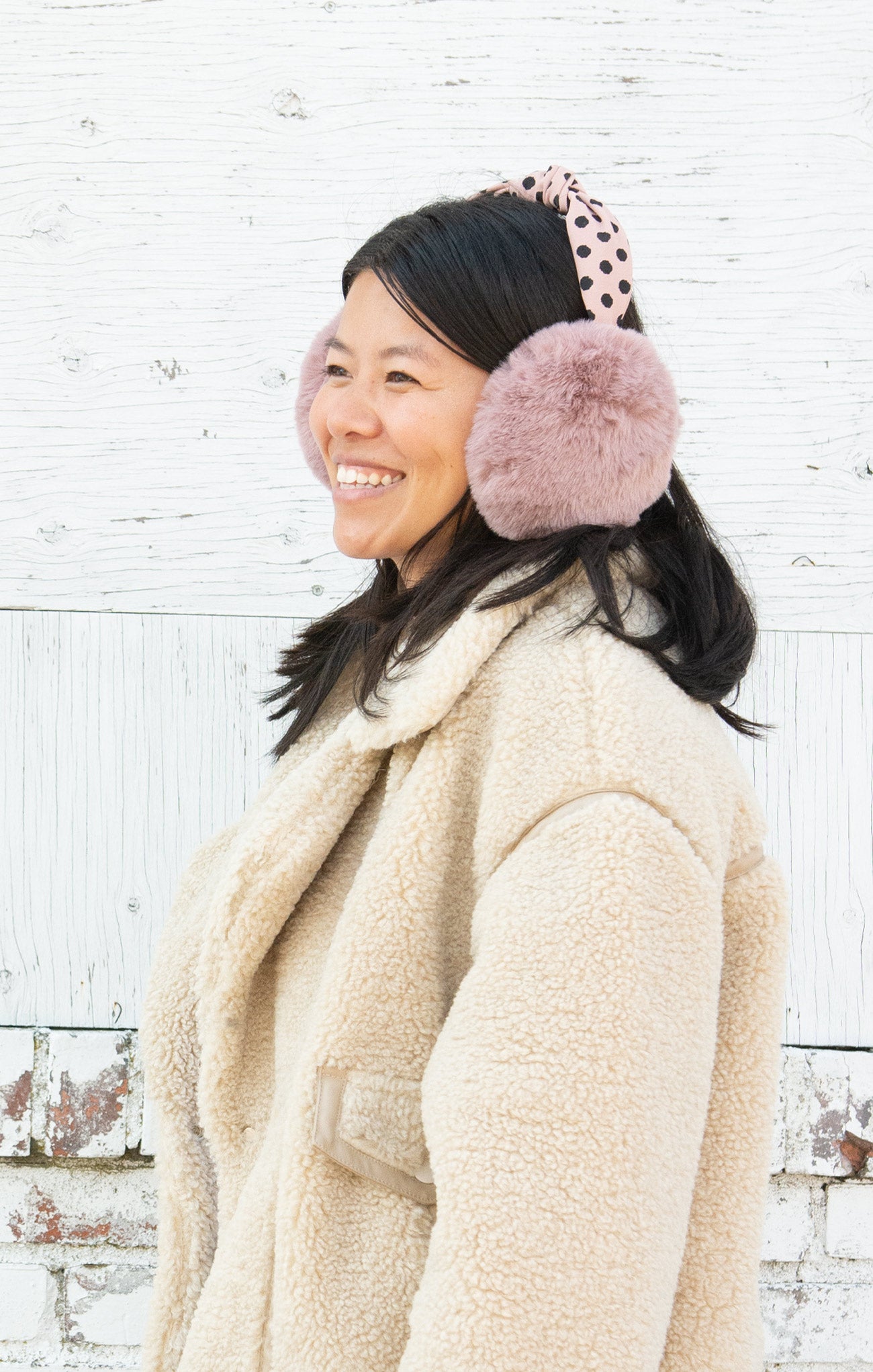 Shop At Grace, Knotty & Nice Earmuff, pink, polka dot band, faux fur earmuffs, winter accessories 