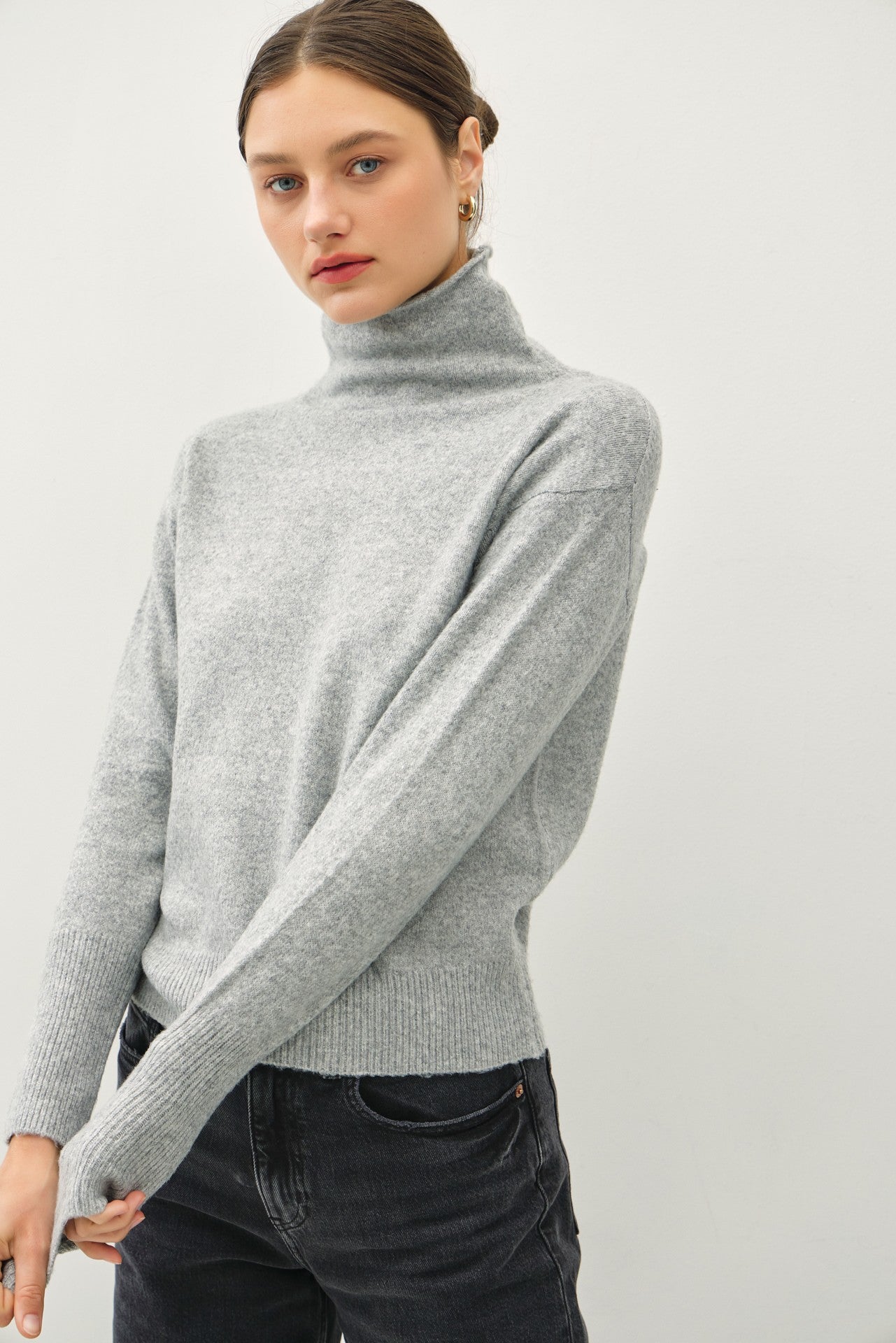 Lacey Turtleneck Sweater, high turtleneck, ribbed details, cuffs, simple, everyday, heather grey