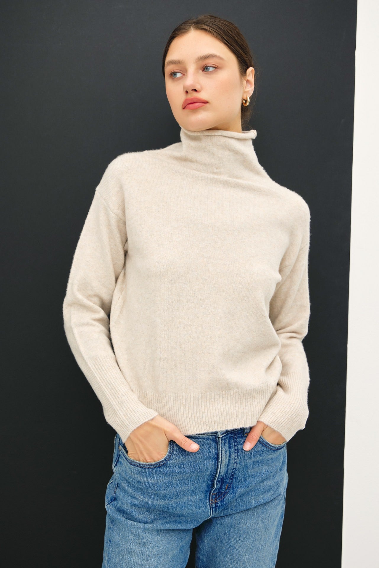 Lacey Turtleneck Sweater, high turtleneck, ribbed details, cuffs, simple, everyday, oatmeal