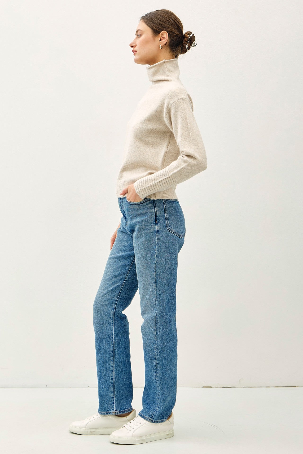 Lacey Turtleneck Sweater, high turtleneck, ribbed details, cuffs, simple, everyday, oatmeal