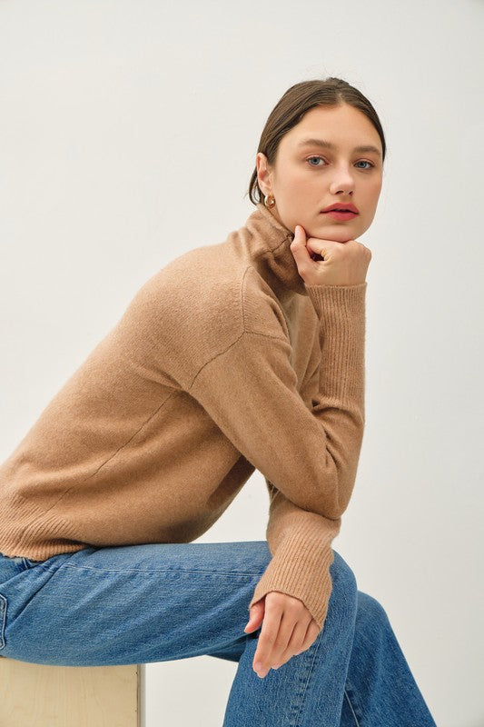 Lacey Turtleneck Sweater, high turtleneck, ribbed details, cuffs, simple, everyday, walnut