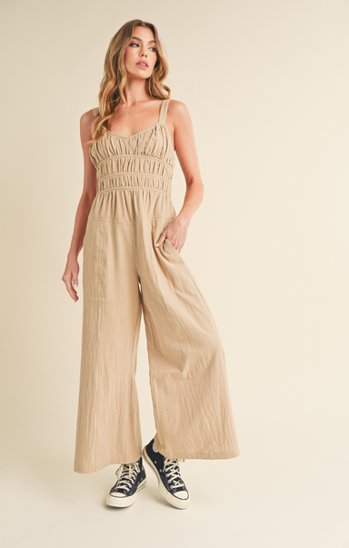 Shop At Grace, Lani Jumpsuit, oat, sleeveless, cinched waist, front pockets, ruched bodice