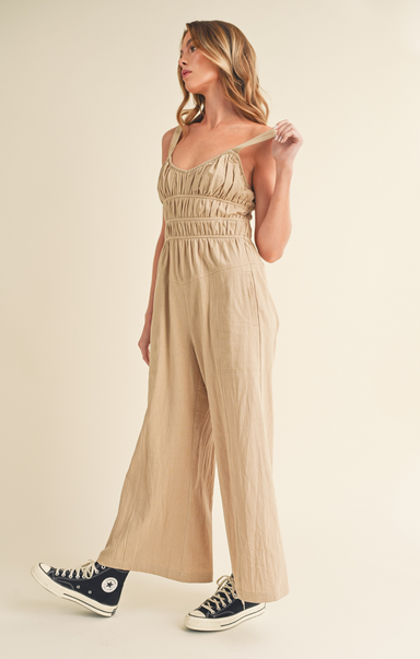 Shop At Grace, Lani Jumpsuit, oat, sleeveless, cinched waist, front pockets, ruched bodice