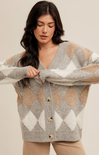 Livia Diamond Cardigan, grey, diamond pattern, button up cardigan, v-neck