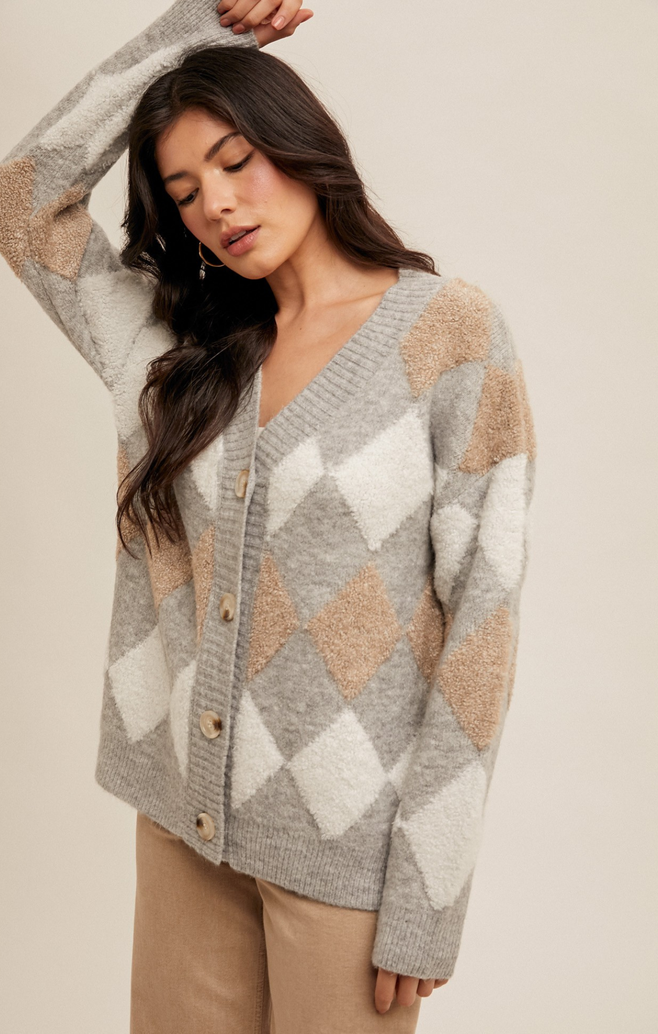 Livia Diamond Cardigan, grey, diamond pattern, button up cardigan, v-neck