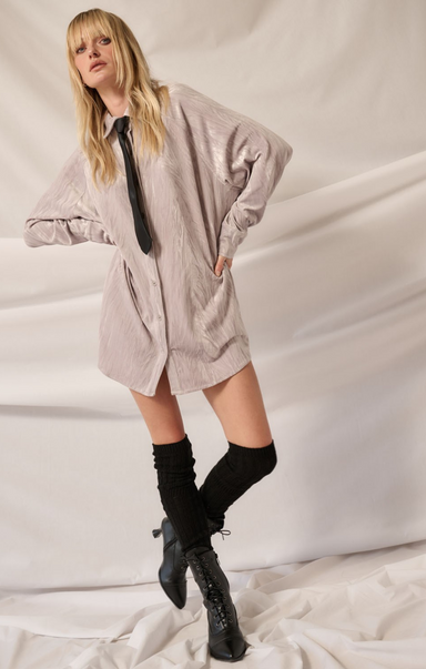 Shop At Grace, Livia Velvet Shirt Dress, silver grey, long sleeves, collared blouse, button closure