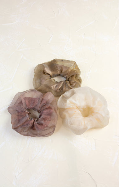 Shop At Grace, Lola Autumn Sheer Scrunchy, fig, ivory, bronze 