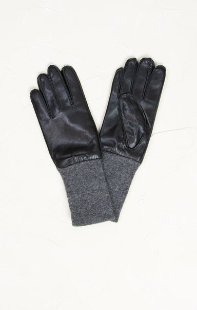 Shop At Grace, Long Rib Faux Leather Gloves, black, weathered knit cuffs, faux leather