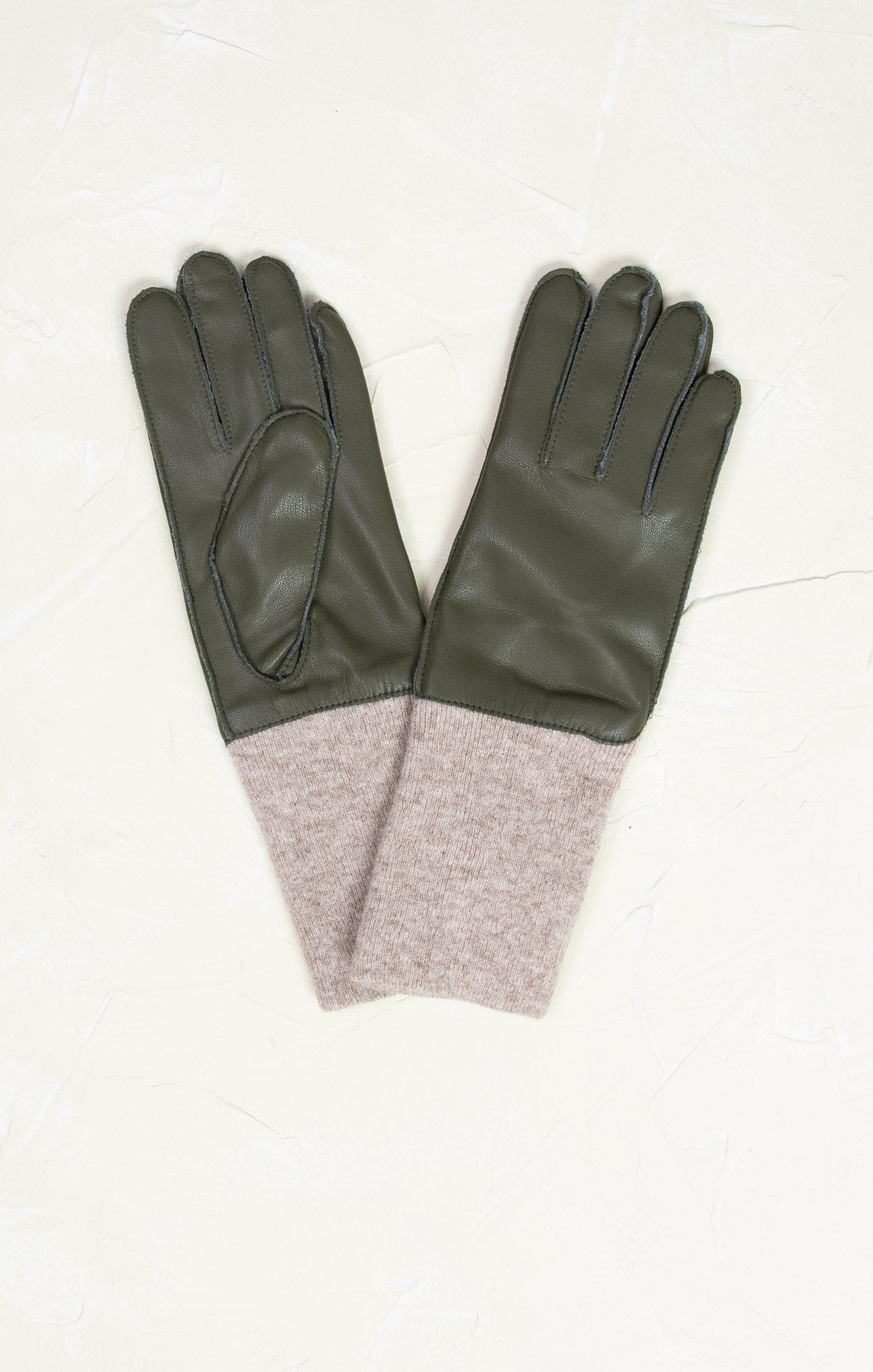 Shop At Grace, Long Rib Faux Leather Gloves, olive, weathered knit cuffs, faux leather