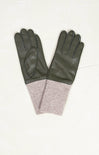 Shop At Grace, Long Rib Faux Leather Gloves, olive, weathered knit cuffs, faux leather