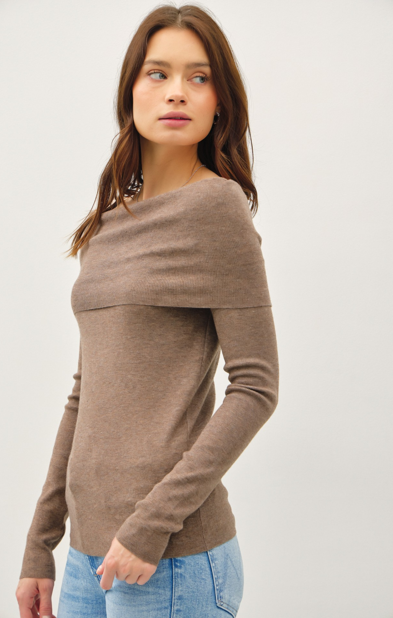 Loretta Off Shoulder Sweater, chestnut, long sleeves, sweater, off the shoulder