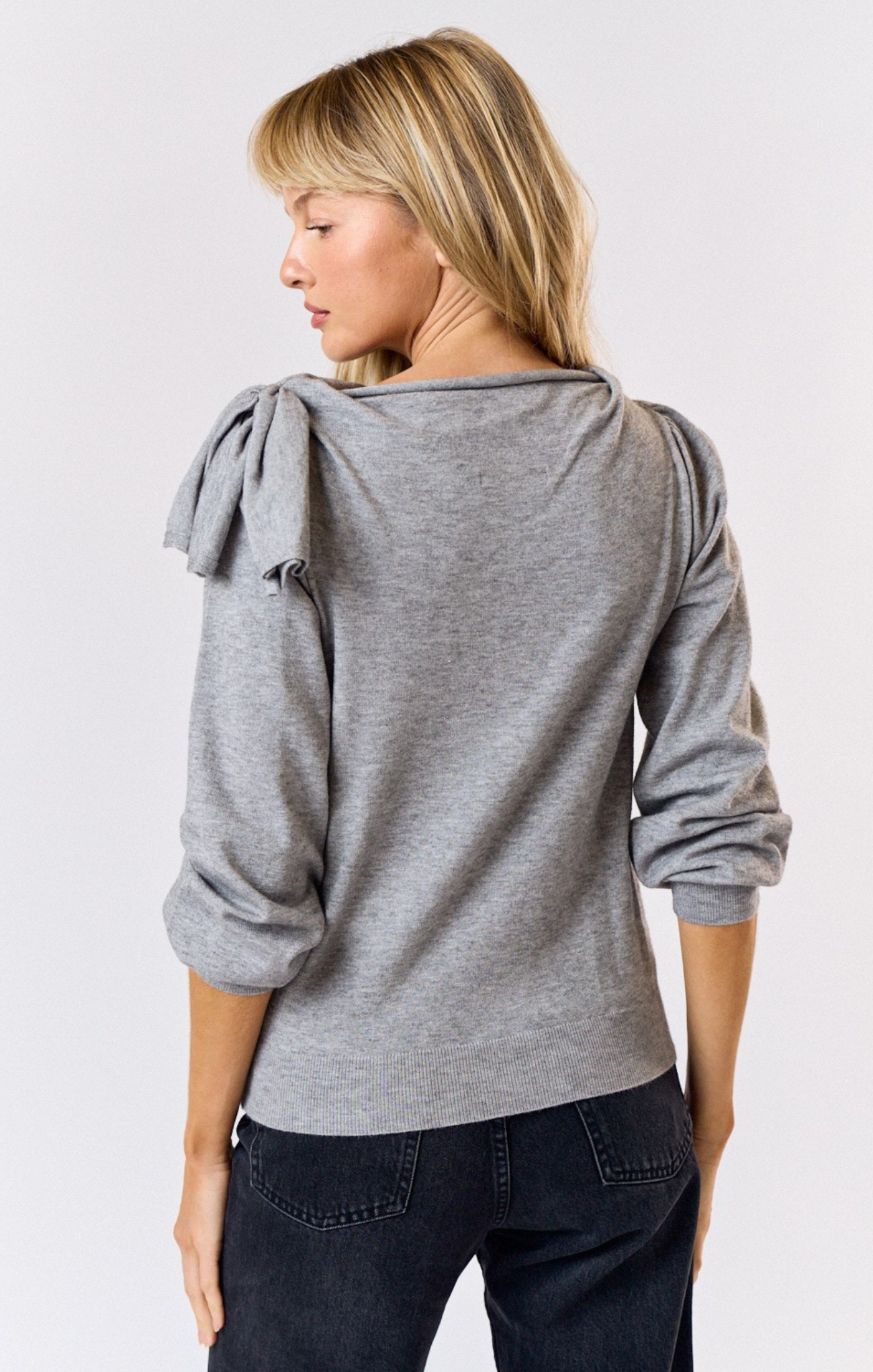 Louisa Bow Sweater, heather grey, bow on the side, cuffed wrists