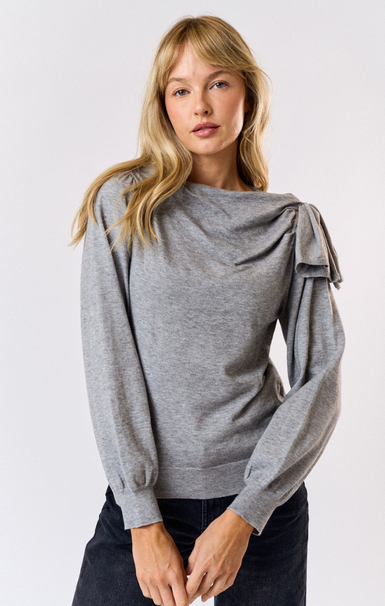 Louisa Bow Sweater, heather grey, bow on the side, cuffed wrists