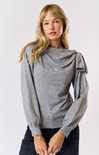 Louisa Bow Sweater, heather grey, bow on the side, cuffed wrists