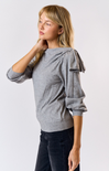 Louisa Bow Sweater, heather grey, bow on the side, cuffed wrists