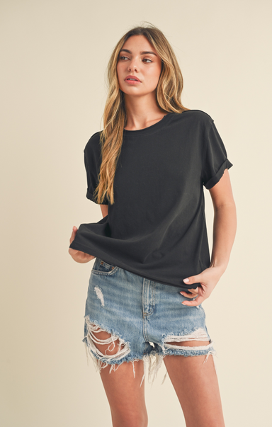 Mali Baby Tee, black, short sleeves, simple tee, rolled up sleeves, full length