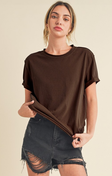 Mali Baby Tee, brown, short sleeves, simple tee, rolled up sleeves, full length