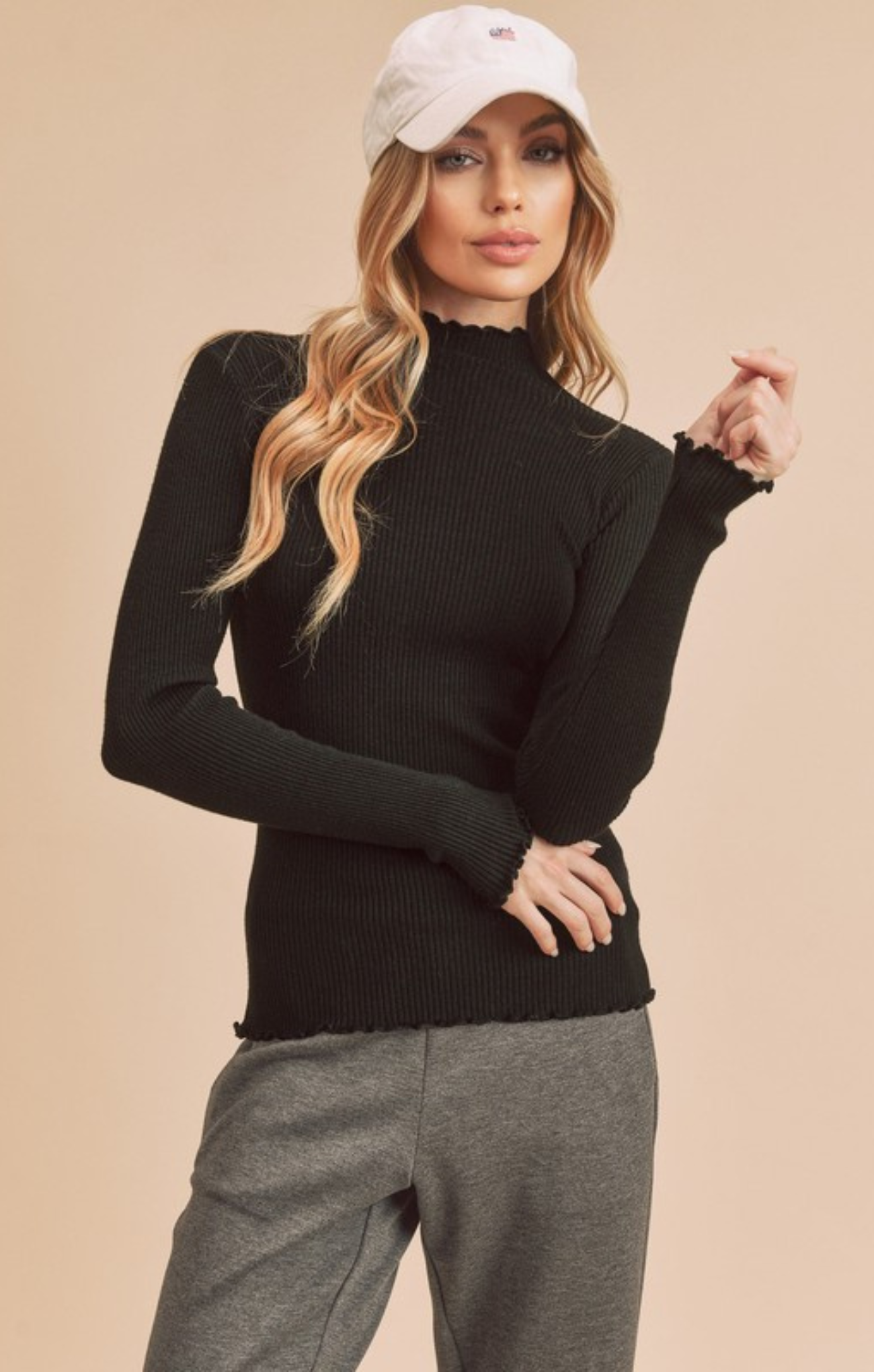 Marcey Sweater, black, turtleneck neck, ruffled edges, ribbed material, layering piece 