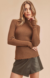 Marcey Sweater, caramel, turtleneck neck, ruffled edges, ribbed material, layering piece 