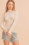 Marcey Sweater, oat, turtleneck neck, ruffled edges, ribbed material, layering piece 