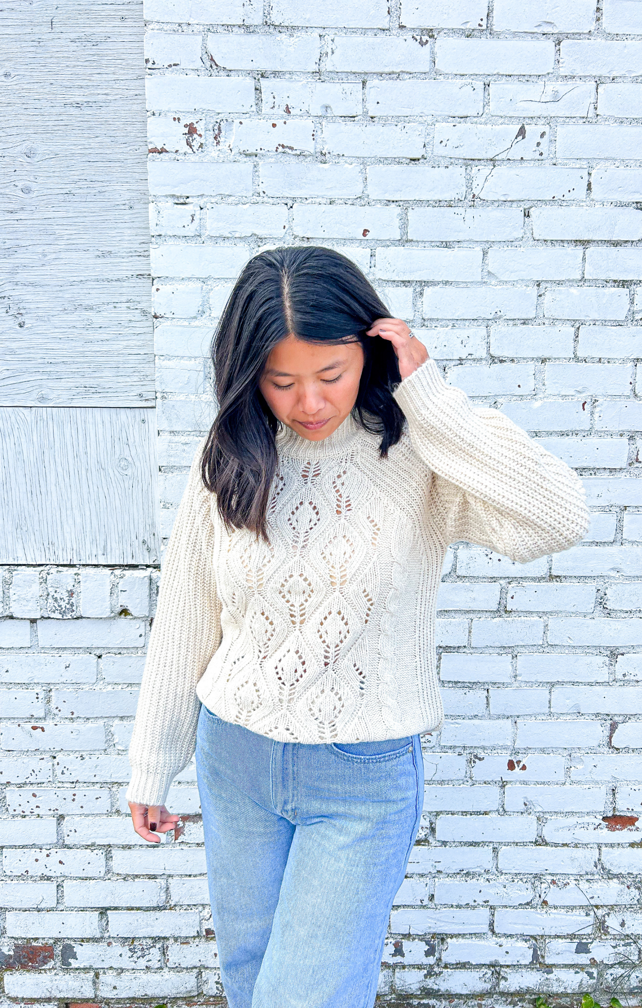 Sop At Grace, Maren Sweater, Birch Melange, long sleeve sweater, cable knit, on figure