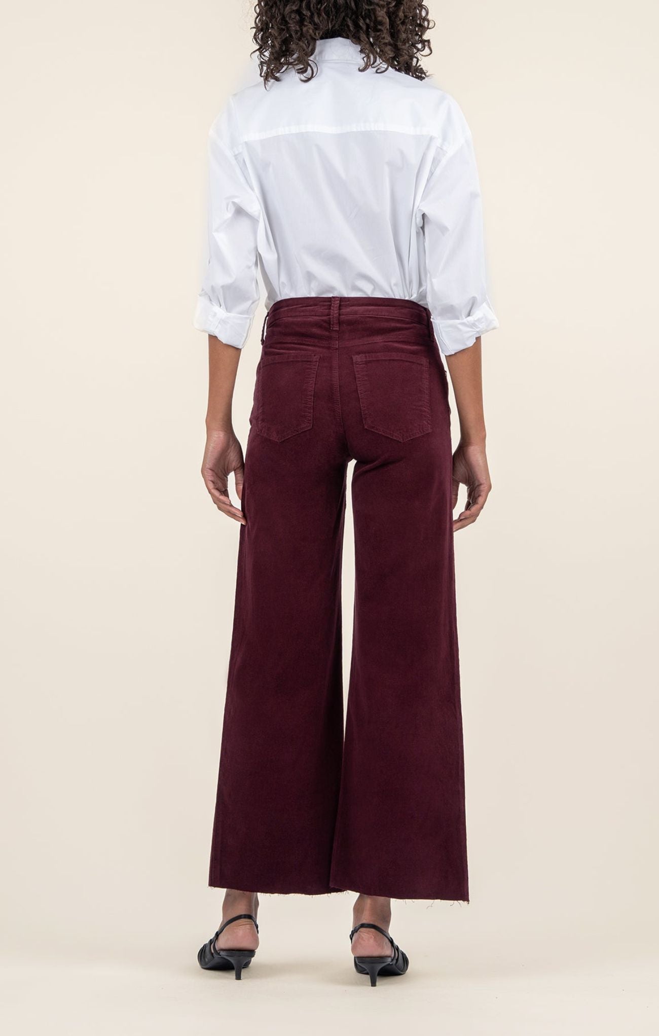 KUT Meg High Rise Fab AB Wide Leg Pant, color dark plum, slight crop, high waist, button closure, back