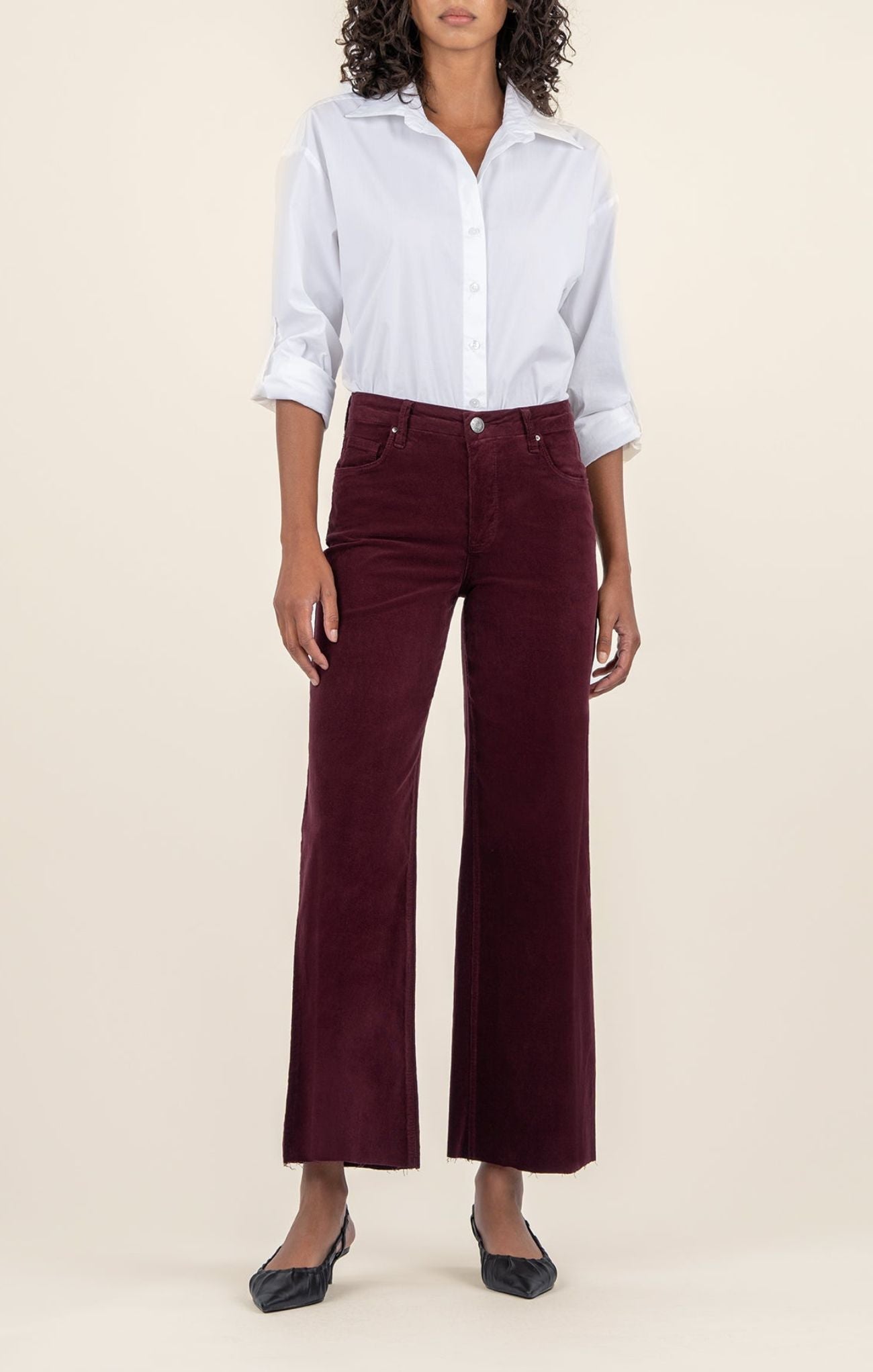 KUT Meg High Rise Fab AB Wide Leg Pant, color dark plum, slight crop, high waist, button closure, front