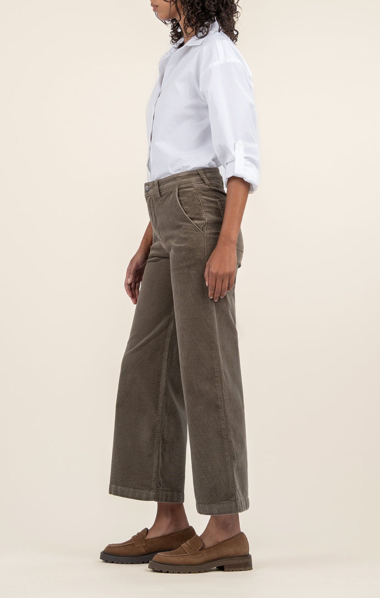 KUT Meg Corduroy Wide Leg Pant, color Olive, cropped, wide leg, cords, side