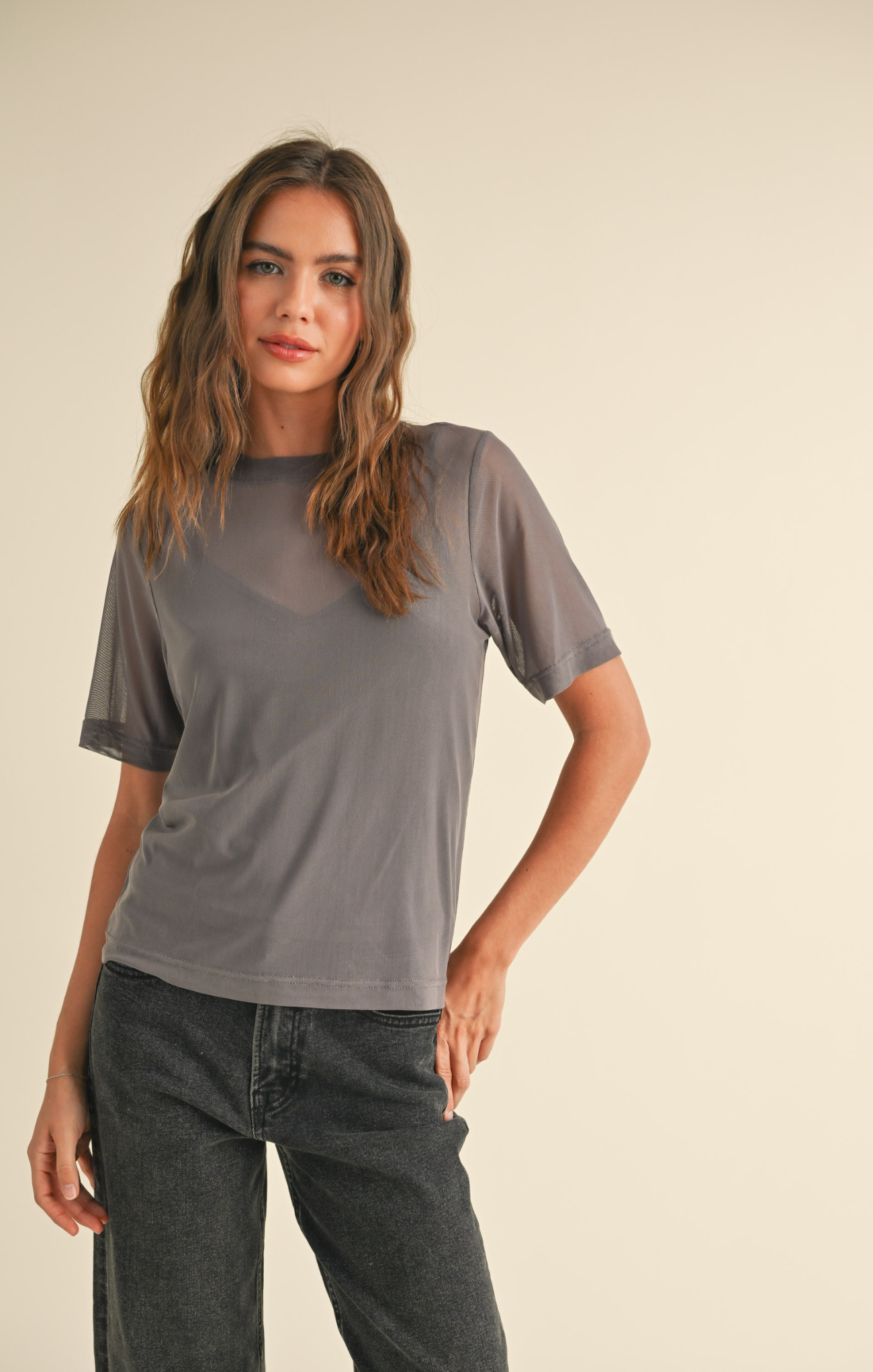 Milana Mesh Top, mesh with built in tank, short sleeves, black, grey, cream, everyday tee