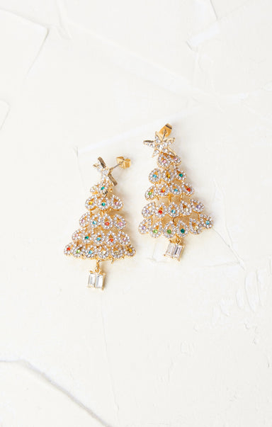 Shop At Grace, Multicolor Glitzy Christmas Tree earrings, glitz, gold hardware, holiday season 