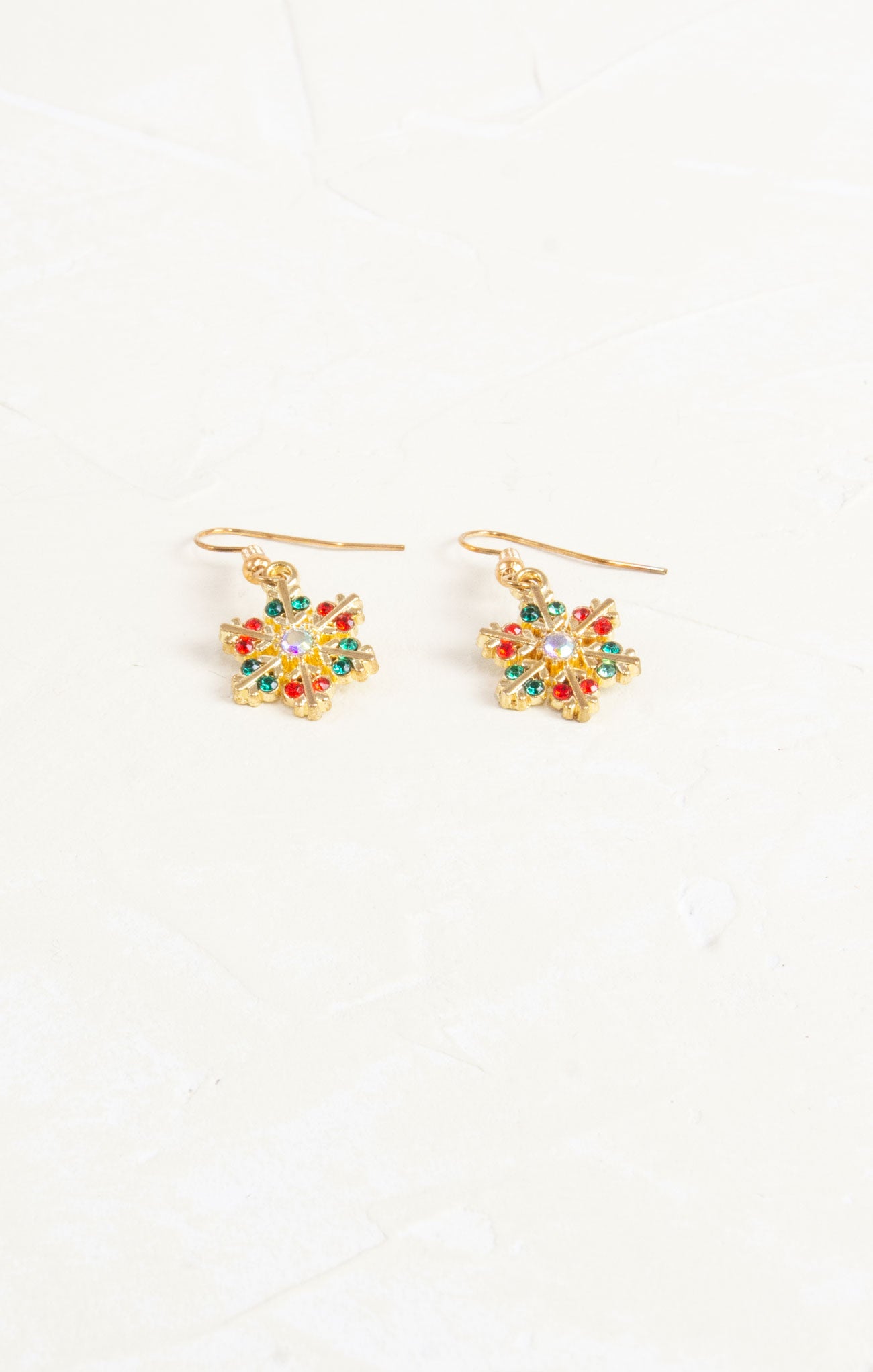 Shop At Grace, Multicolor Snowflake Earrings, gold hardware, red and green rhinestones 