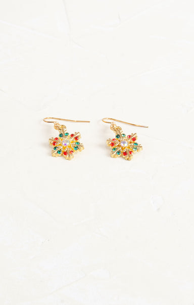 Shop At Grace, Multicolor Snowflake Earrings, gold hardware, red and green rhinestones 