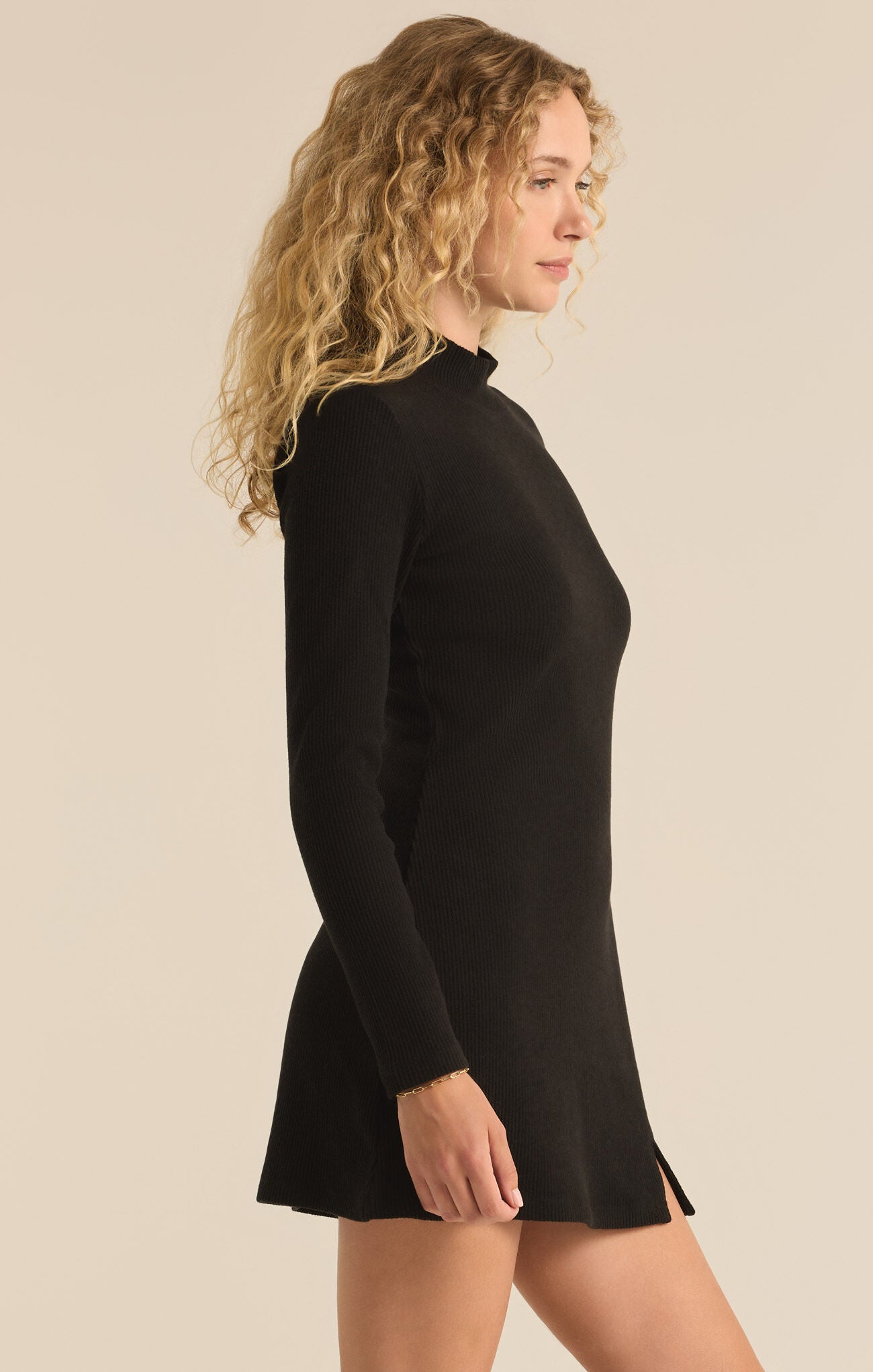 Shop At Grace, Z-Supply, Nadene Mini Dress, black, long sleeves, high neck, slit on front