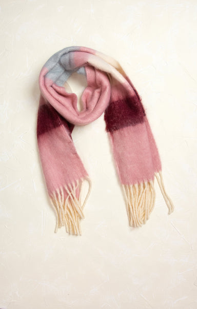 Octavia Color Block Scarf, pink & plum, fringe ends, multi stripe, flat lay