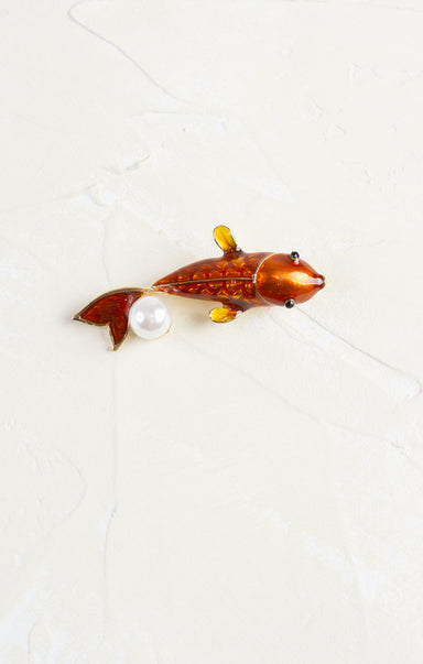 Shop At Grace, Orange Coi With Pearl brooch, orange enamel and faux pearl