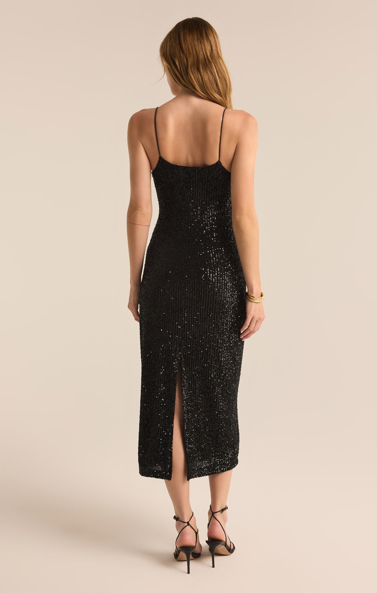 Shop At Grace, Paulina Sequin Dress, black, Z-Supply, spaghetti straps, sequined dress, midi dress