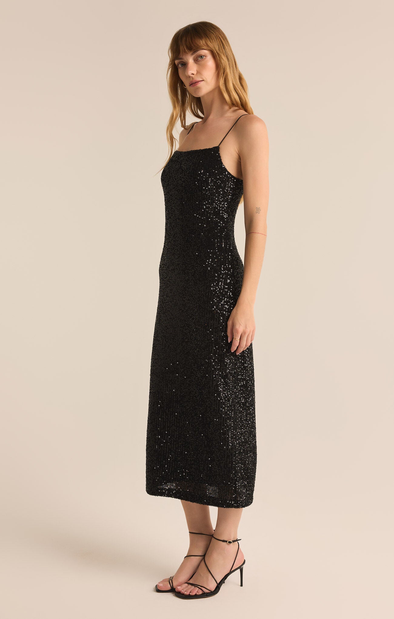 Shop At Grace, Paulina Sequin Dress, black, Z-Supply, spaghetti straps, sequined dress, midi dress