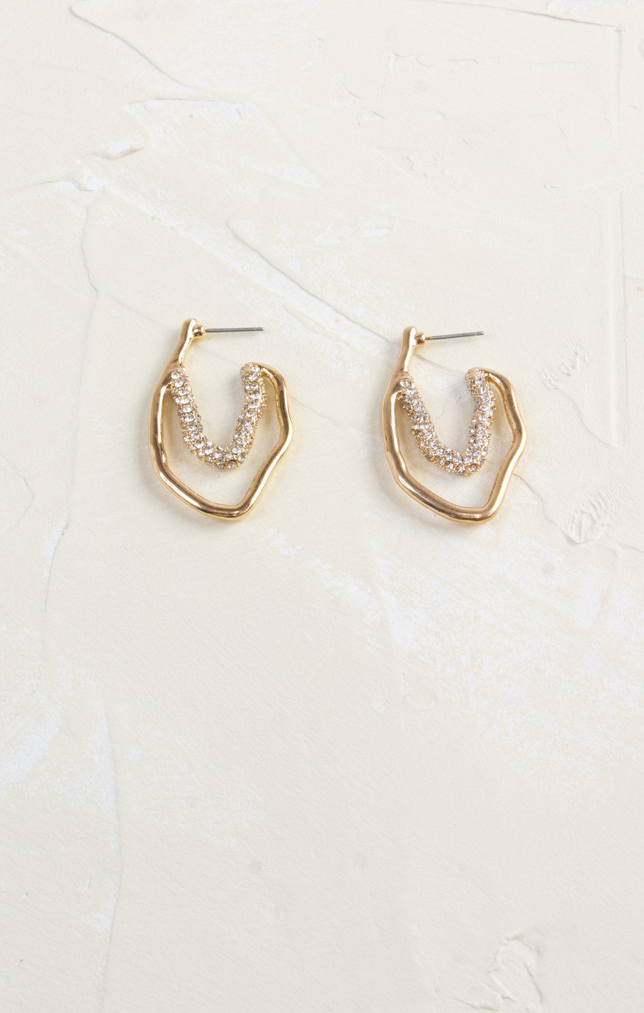 Shop At Grace, Pave Crystal Double Layered Organic Hoops, pop of glitz, gold asymmetrical shape