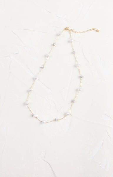 Shop At Grace, Pearl & Crystal Ball Station Necklace, lobster clasp, pearl and crystal with gold accents 