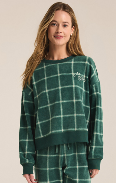 Plaid LS Top, Z-Supply, noble fir, pajama top, plaid pattern, "Merry" detail