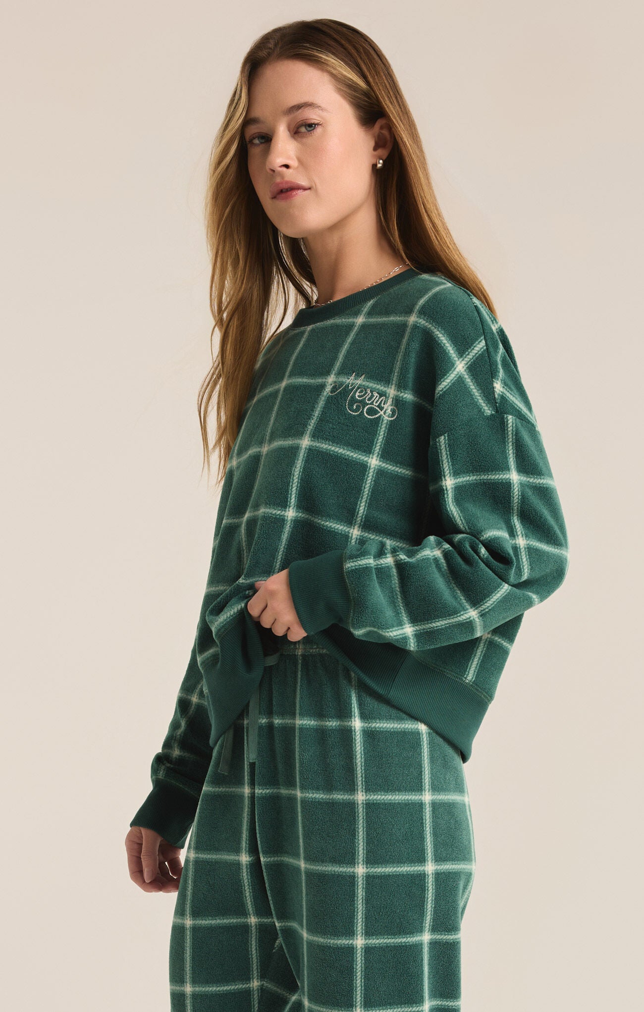 Plaid LS Top, Z-Supply, noble fir, pajama top, plaid pattern, "Merry" detail