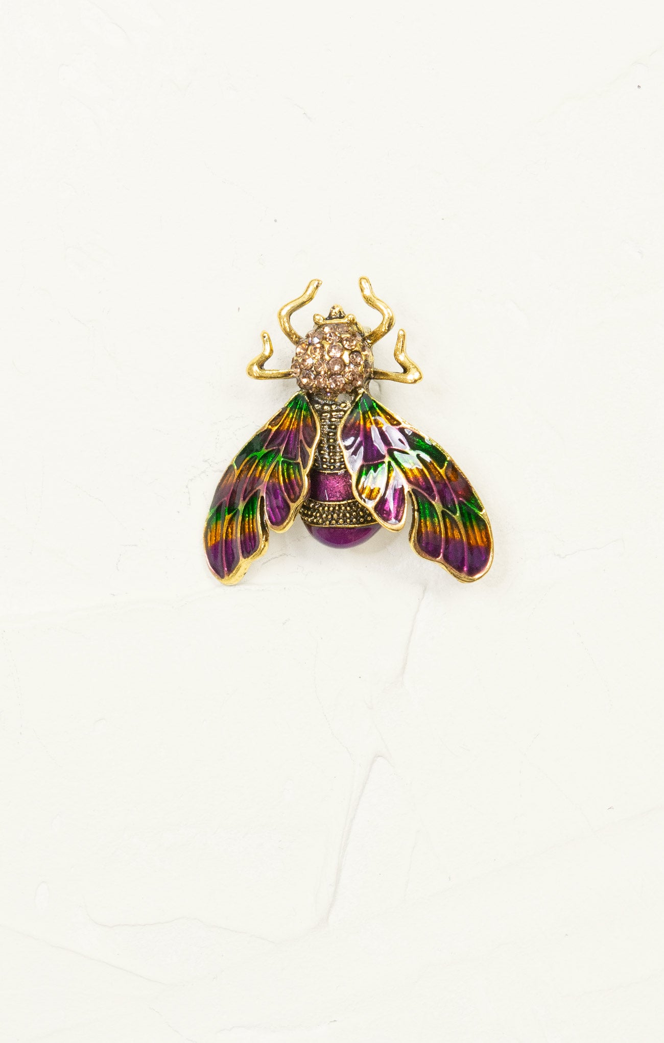 Purple Insect Brooch, multi color wings, gold hardware 