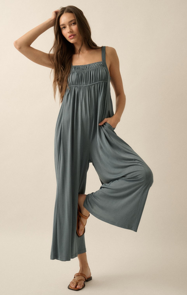 Shop At Grace, Riley Wide Leg Jumpsuit, teal blue, sleeveless, smocked top, wide leg jumpsuit 