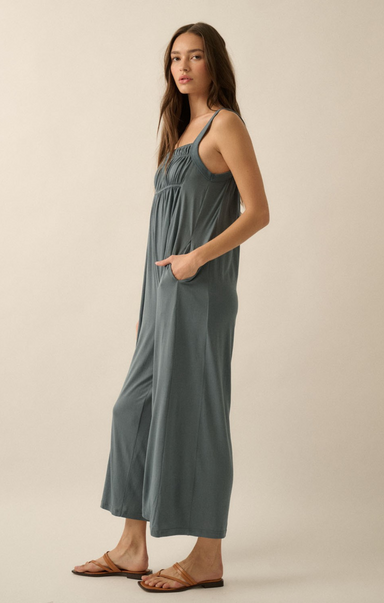 Shop At Grace, Riley Wide Leg Jumpsuit, teal blue, sleeveless, smocked top, wide leg jumpsuit 