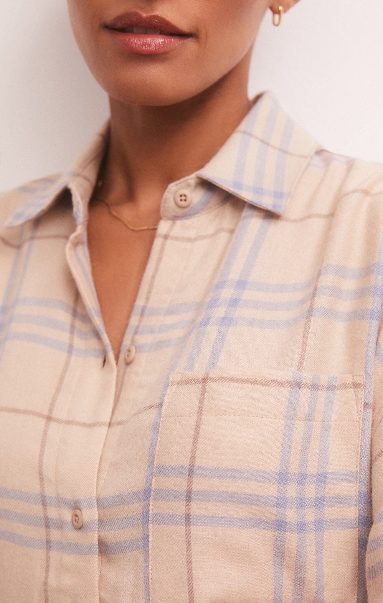 River Plaid Button Up - PLaid button down, long sleeve, white and blue